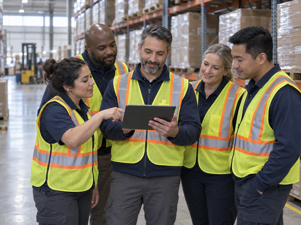 Warehouse team reviewing an order on a tablet on the warehouse floor