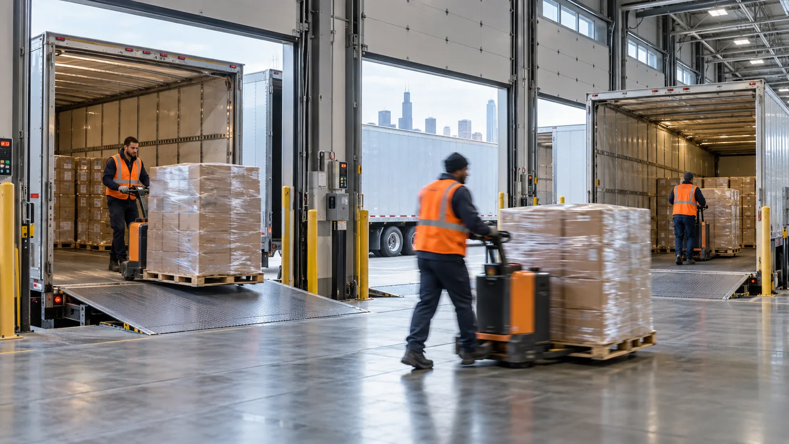 Workers moving pallets between trailers across a loading dock