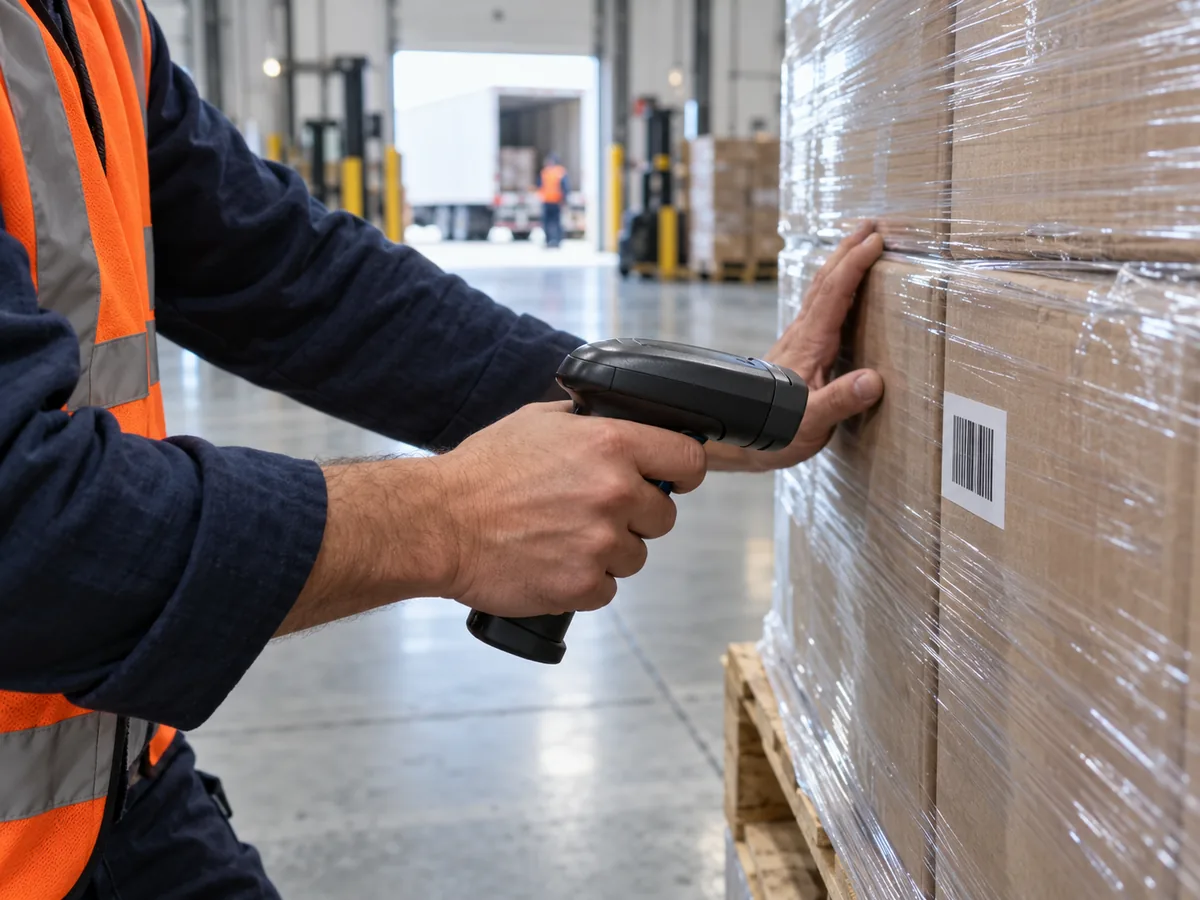 Warehouse worker scanning a barcode label on a wrapped pallet