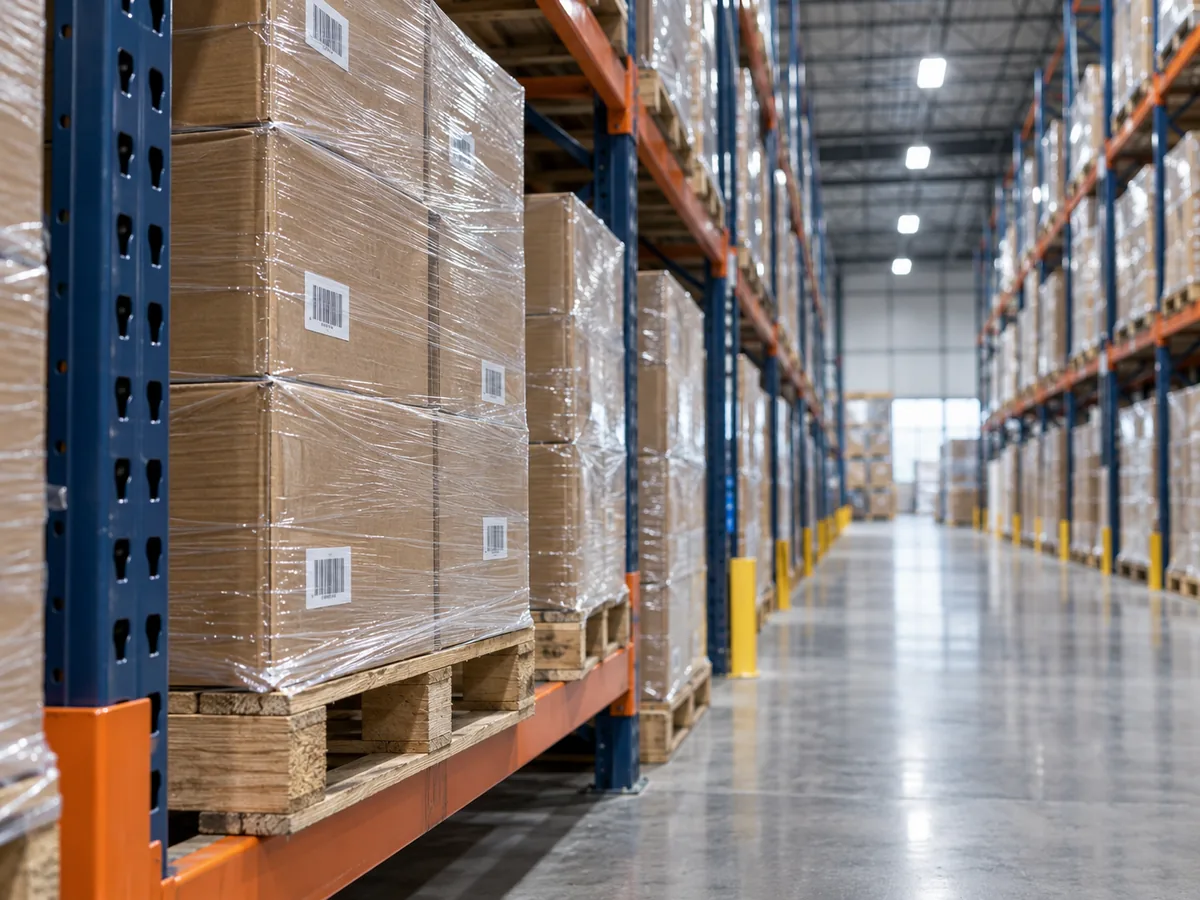 Shrink-wrapped pallets of boxed goods on racking in a clean warehouse aisle